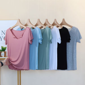 Slim Fit Modal Short Sleeve T-Shirt Women Summer Thin Base Shirt Half Sleeve Inner Wear Solid Color Outerwear V Neck Top
