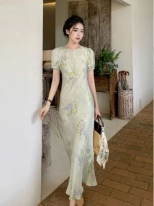 New Chinese Style Reformed Cheongsam Dress Womens Summer Small Design High-End Sensation Waist-Cinching Elegant Skirt