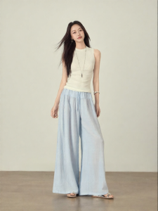 JUEQIDEXIAOGEZI | Short Friendly Linen Blue Loose Wide Leg Pants