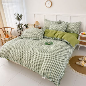 Alls Wonderland 4in ชุดเครื่องนอนเรขาคณิต1ชุดผ้าปูที่นอนลายสก๊อตสีเขียว/โครงสีดำชุดที่นอนราคาย่อมเยาปลอกหมอนนุ่มผ้าปูที่นอน