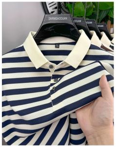 NCE【43-110kg】Plus size new striped contrasting casual mens short sleeved polo shirt leads the trend