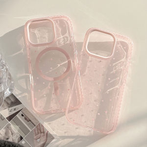Korean Full Screen Pink Stars Magnetic Transparent Phone Case For iPhone 16 15 14 13 12 Pro Max Shockproof Protective Cover
