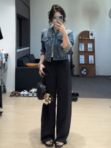 กางเกงขายาวทรงตรงสีดำเอวสูงไซส์ใหญ่สำหรับผู้หญิง กางเกงขายาวทรงหลวม ทรงเข้ารูป เอวสูง ทรงหลวม ฤดูใบไม้ร่วง 2024