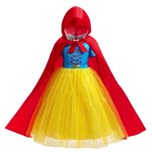 Snow White Princess Dress for Girls Jacquard Bodice with Crisscross Design Glitter Tulle Skirt Hooded Cape Kids Cosplay Costume