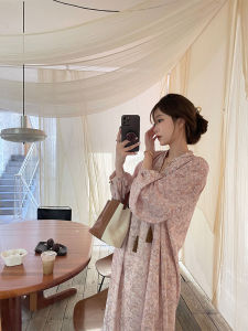 Elegant Long V-Neck Floral Print Dress Womens 2024 New Style Vintage Gentle Loose Fit Maxi Dress Commute High Waist A-Line Skirt