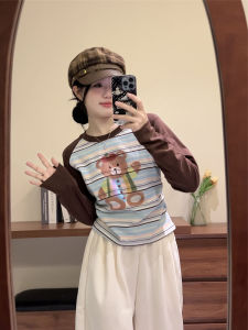 Retro Bear Print Striped Shoulder Insert Long Sleeve Womens Base Shirt Blue Inner Wear Early Autumn Top New Style Commute Style Slim Fit Cotton T-shirt