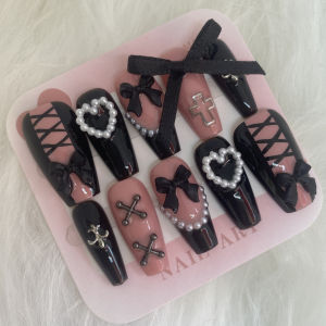 Linas Pearl Box Wearable False Nails Handmade Mass Production Series Detachable Pink Black Short Square Nail Tips for All Skin Types