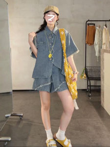 Summer Fashion Slimming Denim Set Womens Half-length Tassel Trimmed Shirt And Skirt Two-piece Button-up Polo-necked Outfit