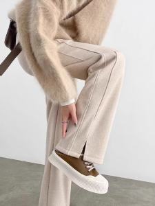Fleece Lined Wide Leg Pants Womens Autumn Winter New Style Woolen Slit Trousers Drapey Straight Banana Pants Korean Style