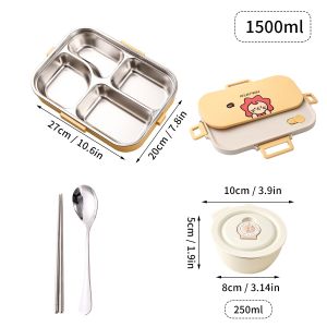 WORTHBUY 4 Grids 304 Stainless Steel Lunch Box With Cutlery&Bowl Portable Food Contianer for Hot and Cold Food For Student Kid