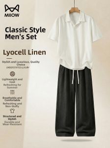 MiiOW | Luxury Old Money Style Seagull Collar Loose Thin Summer Linen Short Sleeve Set