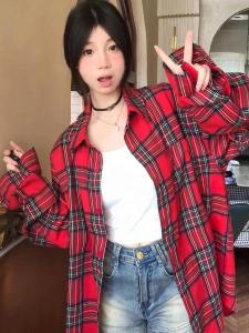 Áo Sơ Mi Kẻ Caro Màu Đỏ Rộng Rãi Phong Cách Pháp Cho Nữ Mùa Thu 2024 Áo Khoác Ngoài Chống Tia UV Dài Tay Cổ Polo