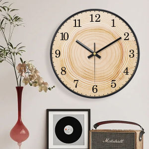 Round Quartz Wall Clock 2D Wood Grain Silent Large Numerals Clock ABS Frame Rustic Decor for Living Room Bedroom Kitchen Cottage