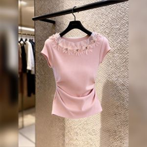 NUMEN BUTTON | Short Women Petited Style Lace Splicing Icy Silk Ribbed Knit Top Summer Short Sleeve Tees