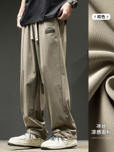 กางเกงลำลองชายผ้าไหมน้ำแข็งบางเฉียบสีพื้น กางเกงขายาวทรงตรง กางเกงขายาวทรงหลวมแห้งเร็ว สไตล์ญี่ปุ่น แฟชั่นฤดูร้อน กางเกงขายาวผ้าไนลอน