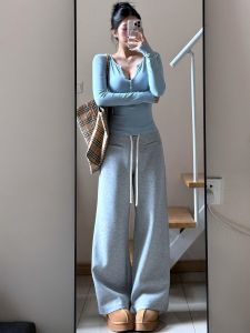 Extended Length Casual Sweatpants Women Loose Lazy Drapey Wide Leg Sports Leisure Trousers High Waist Straight Knitted Pants