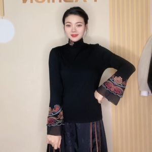 Áo Sơ Mi Dài Tay Cổ Cao Thêu Cotton Co Giãn Cao Phong Cách Mới Trung Hoa Cổ Điển Giản Dị Dân Tộc Dài Tay Nhỏ