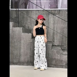 กางเกงคาร์โก้เด็กผู้หญิง กางเกงเด็ก เอวยางยืด เวอร์ชั่นเกาหลี ลายพิมพ์อุ้งเท้าหมาเล็ก กระเป๋าหลาย【จัดส่งจากประเทศไทย】