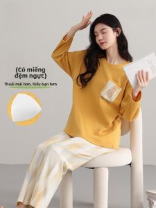 MiiOW | Bộ đồ ngủ cotton nguyên chất MiiOW dành cho nữ có đệm ngực dễ thương mặc ở nhà thoải mái thoáng khí mùa thu dài tay cổ tròn