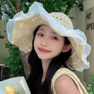 Womens Summer Fisherman Hat Breathable Lace Trim Hollow out Sun Protection Hat Beach Sunshade Cap Elegant Style Large Brim