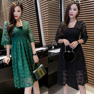 Slimming Lace Dress V-Neck A-Line Midi
