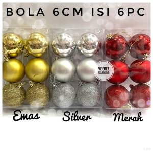Bola Natal Polos 6cm isi 6pc packing Mika/ bola hias pohon natal/ bola natal 6cm