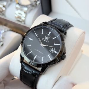 OLEVS Jam Tangan Pria Anti Air Original Quartz Cowok Kalender Sport Kulit Asli Fashion Analog Hitam Men Watch