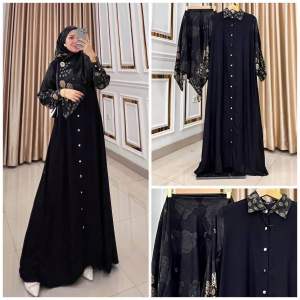 Ross Shop - Gamis Hijab Kombinasi Twill - Gamis Ngeklok Kerah Shanghai