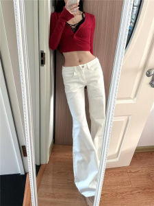 Low Waist Flared Jeans Womens Fleece Lined Straight Leg Slimming Drapey Trendy Bootcut Pants Casual Wear Autumn Winter