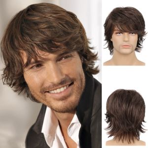 Foreign trade European and American fashion mens short hair upturned brown wig fluffy partial long bangs straight hair