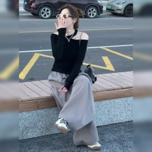 YUFUQING | เสื้อยืดคอกลมแขนยาวทรงสลิมฟิตสีดำเซ็กซี่สำหรับผู้หญิงช่วงต้นฤดูใบไม้ร่วง กางเกงขายาวทรงหลวม เสื้อผ้าทำงานฤดูใบไม้ร่วง