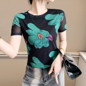 YIMEI เสื้อยืดแขนสั้นพิมพ์ลายเข้ารูปพอดีสไตล์ตะวันตกสำหรับผู้หญิงการออกแบบแฟชั่นใหม่ฤดูร้อนเสื้อฐานที่เหมาะสมรัดรูป