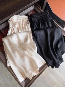 Womens High Waist Wide Leg Pants Spring Autumn Loose White Ethnic Style Floral Embroidery Straight Silk Long Trousers