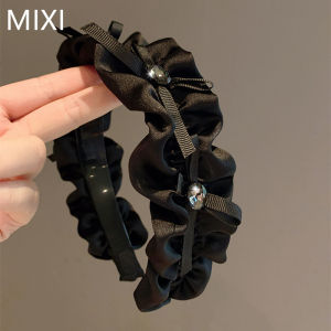 Retro Luxury French Style Black Pleated Hairband Womens Butterfly Knot Rhinestone Headband Elegant High Hairline Versatile