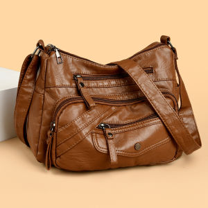 Middle-Aged Womens Cross-Body Bag Washed Leather Autumn and Winter Large Capacity Travel Bag All-Match Commute One Shoulder Waterproof Soft Leather Bag