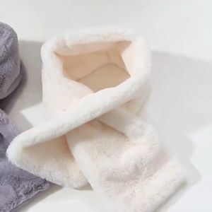 【Local Delivery】Thicken Neckerchief Wrap Elegant Solid Color Cross Scarf Women Winter Warm Shawl Faux Rabbit Fur Plush Neck Warmer