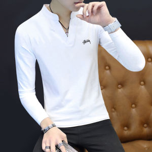 เสื้อยืดคอกว้างแขนยาวผู้ชาย สไตล์ฤดูใบไม้ผลิและฤดูใบไม้ร่วง ทรงหลวม ผ้าฝ้ายแท้ บาง ระบายอากาศได้ดี เสื้อชั้นในลำลอง