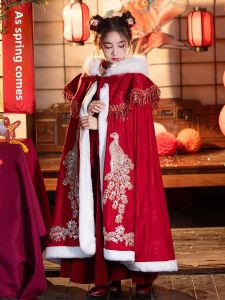Thickened Fleece Childrens Hanfu Coat Windbreaker Outdoor Warm Outerwear Red Winter Girls Shawl Coat with Hat Poly Fiber