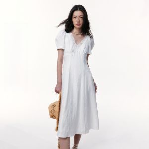 TAMMY TANGS | French Style Linen Dress Womens Waist-Cinching Short Sleeve High Waist Zipper Lace Patchwork V-neck City Commute Summer Dress