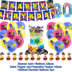 Potdemiel | Game Splatooned Happy Birthday Party Decoration Background Cake Topper Digital Balloon Graffiti Jet Toy Supplies Banner Props