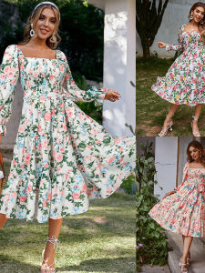 Womens Square Neck Long Sleeve Dress High Waist Princess Style Spring Summer Autumn Fashion European And American Design