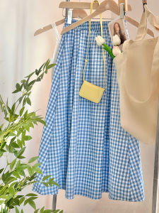 Váy Mini Kẻ Caro Xanh Mùa Hè 2025 Phong Cách Mới Cho Nữ Váy Chữ a Cạp Cao Bằng Cotton Polyester Váy Mini Phong Cách Mới