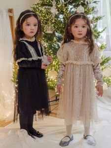 Strawberry Girls Princess Dress Lace Mesh Trim Birthday Cake Toddler Girls Long Sleeve High Waist Soft Polyester Autumn Dress