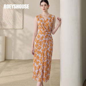 Roey s house | Romantic Vacation Style Printed Sleeveless Summer Dress V-Neck Twist Design