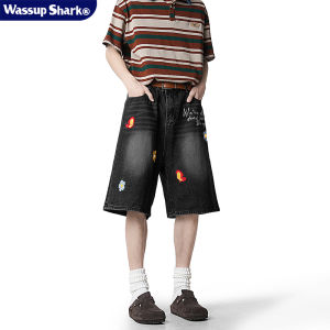 Quần Short Denim Nam Dáng Rộng Mùa Hè WASSUP SHARK American Retro Petal Patch Washed Denim Five-Point Loose Fit Casual Shorts
