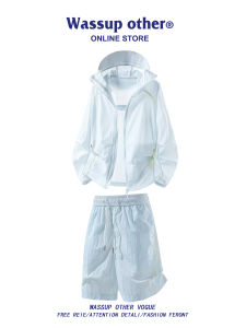 Summer Men UPF50+ Lightweight Sun Protection Suit Hooded Zip Jacket and Shorts Two-Piece Set