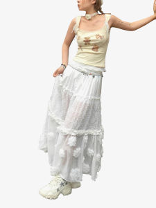 Váy Dài Chữ a Ren Trắng Nhiều Lớp Xếp Nếp Cho Nữ Mùa Xuân 2025 Váy Midi Cạp Cao Họa Tiết Hoa