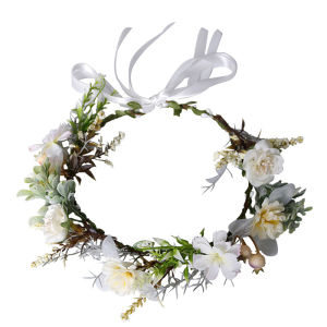 LETIAN 1PC Bohemia Wedding Flower Headband for Girls Ribbon Bridal Floral Crown Hair Accessories Women Headdress for Wedding Vacation