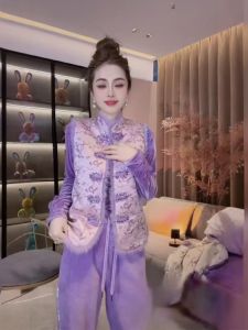 New Chinese Style Womens Faux Fur Vest Autumn Winter High-End Feelings Outerwear Bright Satin Plant Floral Printed Diamond Embellished