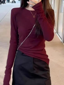 Red round Neck Long Sleeve T-Shirt Womens Casual Loose plus Size Slimming Bottoming Shirt Autumn Fashion Korean Style Top